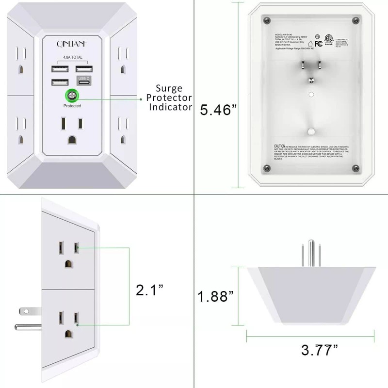 QINLIANF 5 Outlet Extender Surge Protector Multi Plug Wall Adapter