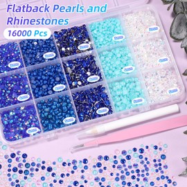 16000 Pcs Flatback Pearls for Bedazzling, Blue White Jelly Resin Rhinestones, Half Round Nail Pearls Bedazzling Gems Rhinestones for Nails DIY Jewelry Face Makeup with Pickup Pencil and Tweezer