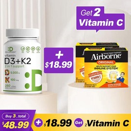 Airborne Airborne 1000mg Vitamin C with Zinc + DEAL SUPPLEMENT Vitamin D3&K2 BUNDLE | Bones, Nerve Function,  Immune System Healthcare Dietary:_Airborne Vitamin C*2 Packs + D3K2*1 Pack Bundle