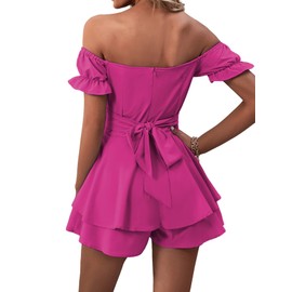 LYANER Women's Off the Shoulder Wrap Tie Up Back Ruffle Trim Short Sleeve Romper Short Jumpsuit Hot Pink Small