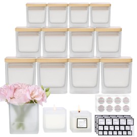 CONNOO 15 Pack Frosted Square Candle Jars, 9oz, 3oz, 2oz Bulk Empty Glass Cube Candle Containers with Airtight Bamboo Lids for Making Candles, Sticky Warning Labels - Dishwasher Safe