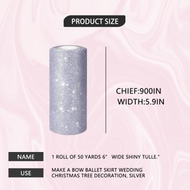 1 Rolls 50 Yards 6” Wide Sparkling Tulle Roll Glitter Tulle Fabric Ribbon Roll Tulle Spool for Bow Making Tutu Skirt Wedding Christmas Tree Decoration, Silver