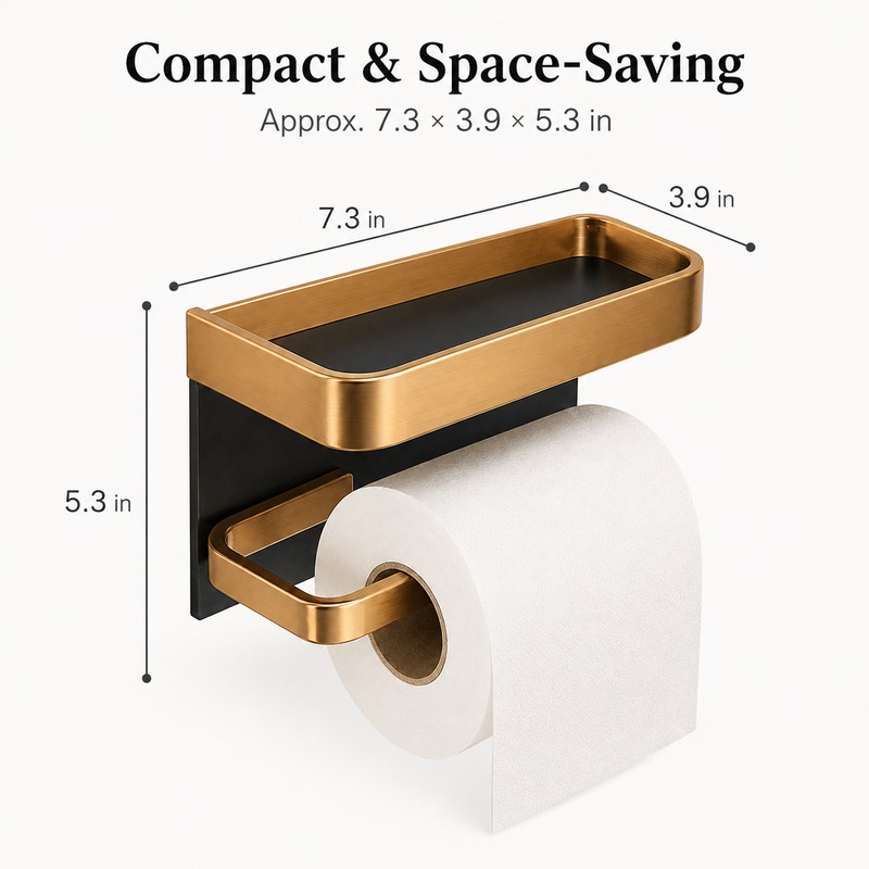 Aluminum Toilet Paper Holder with Shelf – No-Drill Black Gold