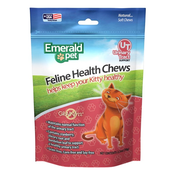Emerald Pet Feline Health Chews UT Support — Natural Grain Free Urinary Tract Health Cat Chews — Cat Urinary Supplements with Cranberry, Chicory Root, and Dandelion Leaf Extract — Made in USA, 2.5 oz