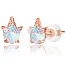 Hypoallergenic Unicorn Stud Earrings for Women 925 Sterling Silver Rose Gold Unicorn Opal Earring Studs for Sensitive Ears Unicorn Gifts.