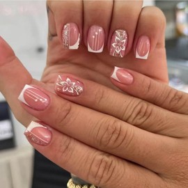 IMRAIN Press on Nails Short Square Fake Nails with White Flower Design White French Nude Squoval False Nails Cute Glossy Glue on Nails Acrylic Spring Stick on Nails for Women Girls 24Pcs