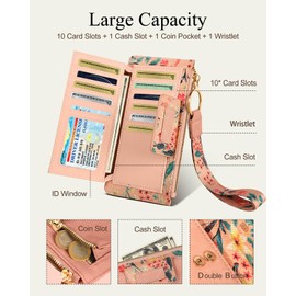 Bistup Wristlet Wallets for Women - Cute Leather Ladies Teen Girls Female Credit Card Holder Wallets Keychain Large Capacity Cardholder Purse Aesthetic Flower Floral Unique Rfid Zipper, LightPink