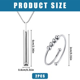 2 Pcs Breathing Necklace,Breathlace,Necklace,Device Stop Anxiety,Stress Relief Necklaces Mindful Whistle for Meditation,for Calming Breath Therapy,with Rings,Exercise,Steel Color