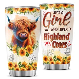 JENOIS Just A Girl Highland Cow, Tumbler 20 Oz With Lid And Straw, Highland Cow Gifts, Sunflower Flower Cups Floral