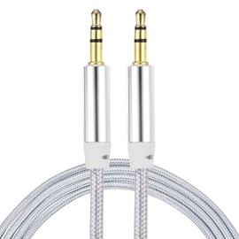 MECCANIXITY Aux Cable 3.5mm Male to Male Nylon Braided Cord 5Ft 3 Pole Stereo Sound Auxiliary Cable Silver for Earphones, Smart Phones, Home/Car Stereos, Speakers, Computers