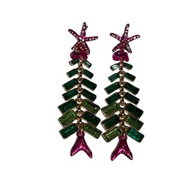 Betsey Johnson Green Pink Gold Holiday Reef Fish Tree Chandelier Drop Earrings Great Valentine's Day Gift Idea Birthday Present New Year XMAS GIFTS