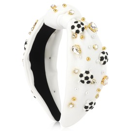 BAHABY Soccer Headbands for Women Crystal Soccer Embellished Wide Top Knot Headband for Women Game Day Hair Accessories (White)