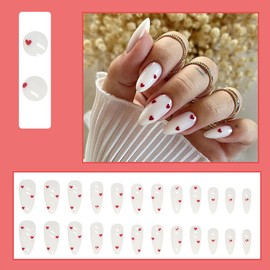 White Press on Nails Short Almond French Tip Acrylic Nail Kit - YIHONGYAN Fake Nails Press ons Nail Tips Nail Art Glue on Nails Full Cover Cute Red Heart False Nails for Women 24 Pcs