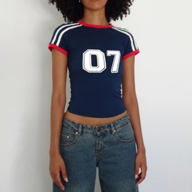 Fabumily Women Graphic Tees Cute Crop Tops Y2k Crewneck Short Sleeve T-Shirts Teens Summer Tops Casual Streetwear (E07 Navy Blue, M)