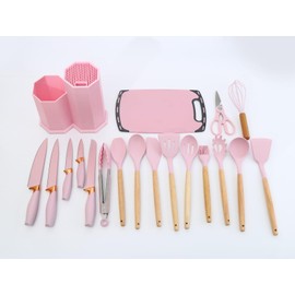 Generic Cooking Utensils Set, 19 PCS Silicone Kitchen Utensils Set with Holder and Kitchen Knife Set for Cooking, Non-stick Heat Resistan Kitchen Tools and Gadgets with Wooden Handle (Pink), large