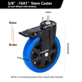 6 inch Casters Heavy Duty Swivel Threaded Stem Caster Wheels with 3/8"-16 x 1 Dual Locking Wheel with Brakes Pack of 4 for Workbench Furniture Carts Load Bearing 2000 Lbs