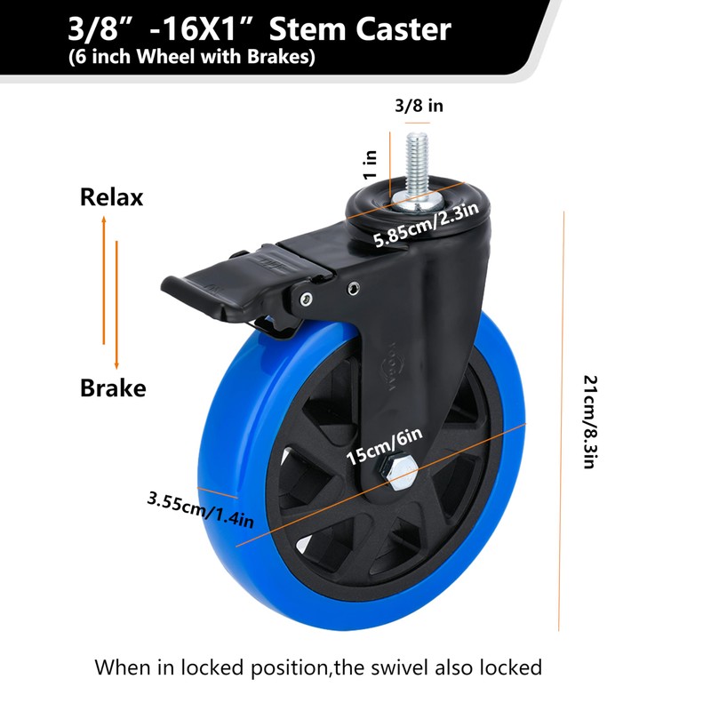 6 inch Casters Heavy Duty Swivel Threaded Stem Caster Wheels