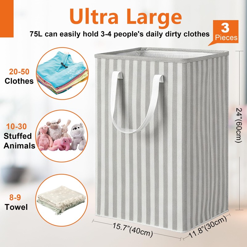 Harborway 3 Pack Laundry Hamper Collapsible Large Waterproof Cotton Linen