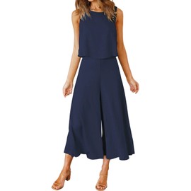 ROYLAMP Women's Summer 2 Piece Outfits Round Neck Crop Basic Top Cropped Wide Leg Pants Set Jumpsuits Navy Blue S