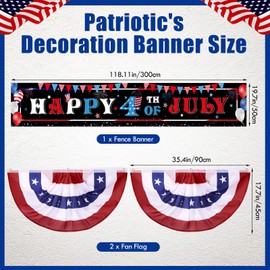 Tiamon 3 Pcs Patriotic Decorations 4th of July Banner with Bunting Fan Flags Red White and Blue Pleated Half Fan Banner American Flag Backdrop for Independence Memorial Day Party Supplies Outdoor