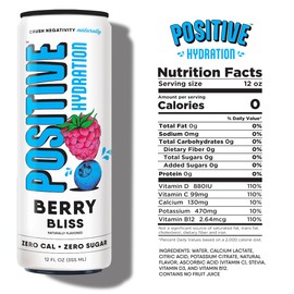 Positive Hydration Berry Bliss | 12-oz Cans (12-Pack) | Zero-Calorie Electrolyte Drink with Essential Vitamins, Calcium, and Hydration Support