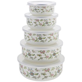 Alipis 5Pcs Enamel Mixing Bowl Set with Lids - Vintage Flower Design, Nesting Bowls for Food Storage, Soup, and Salad - Green