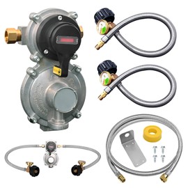 GHAKUTB RV Propane 2-Stage Auto Changeover Rv Propane Regulator with Two 18" RV Pigtail Propane Stainless Braided Hoses with 5FT for Conecting Equipment RVs, Vans, Trailers,Camper