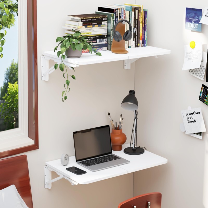 TEAMIX Wall Mounted Folding Table, White Floating Desk for Small