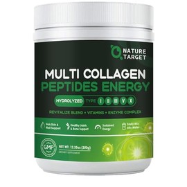 NATURE TARGET Polvo de péptidos multicolágenos: colágeno hidrolizado con mezcla energética + multivitaminas y minerales. Favorece la energía de la piel, el cabello, las uñas y las articulaciones. Sin
