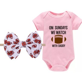 J&J Boutiques Football Pink Onesie & 6" Bow Nylon Headband - 9 months