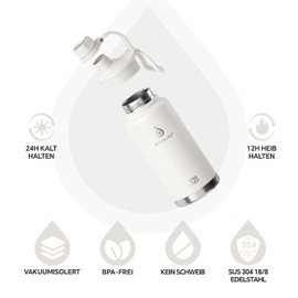 IDEUS Vacuum Insulated Water Bottle, 32 oz (950 ml) Stainless Steel Double Wall Bottle Metal Sports Canteen with Leak-Proof Screw Cap (White)