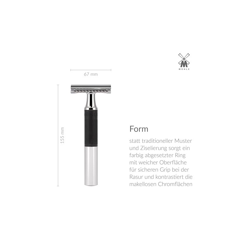 MÜHLE NEO Safety Razor, Rubber Grip Handle in black, Closed