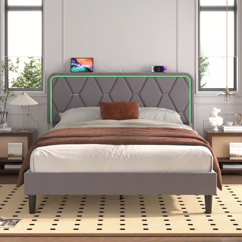 Vecelo LED Light Queen Full Twin Bed Frame with USB