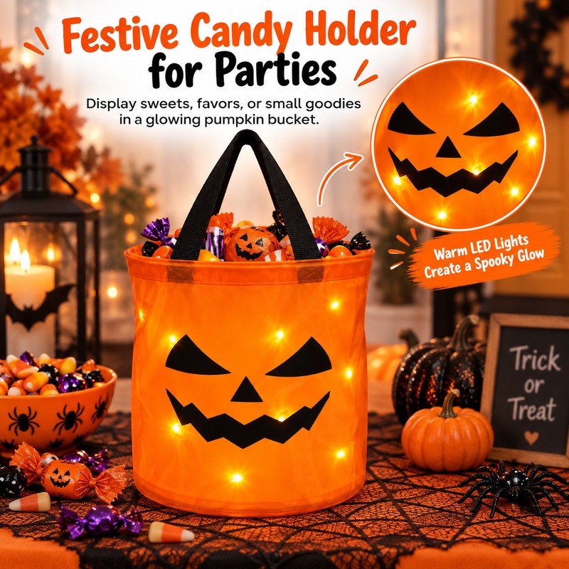 LED Halloween Trick-or-Treat Bucket for Candy – Collapsible Polyester Light-Up