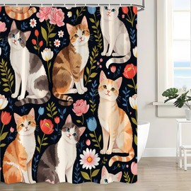 Cute Cat Shower Curtain Boho Farmhouse Watercolor Floral Funny Animal Wildflower Lovely Kitten Aesthetic Flower Plant Retro Black Bath Decor Curtain with Hooks