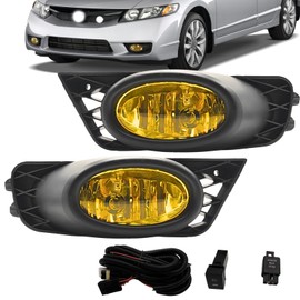 Fog Lights Assembly Replacement for 2009 2010 2011 Honda Civic Sedan, Amber Lens Front Bumper Driving Fog Lamps with Wire Harness