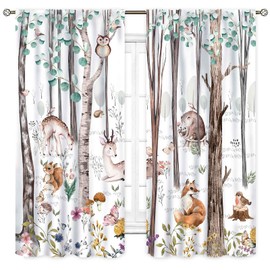 Woodland Curtains for Kids Room Nursery, Rustic Woodland Wild Animals Watercolor Forest Bear Deer Fox Country Blackout Window Draeps for Baby Girls Boys Bedroom Living Room 2 Panels Set, 55"x63" Inch