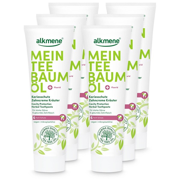 alkmene Mein Teebaumöl Caries Protection Toothpaste Herbs 6 x 100 ml with 6x Protection - Natural Tea Tree Oil, Vegan & Climate Neutral - Fluoride Toothpaste for Strong Teeth and Healthy Gums