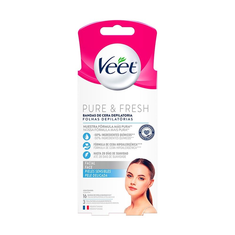 Veet Pure & Fresh, Bandas de Cera Depilatoria, Rostro, Piel