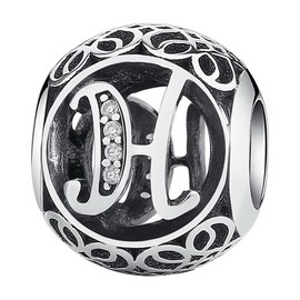 PAHALA 925 Sterling Silver 26 Letters With Crystals Pendant Charms Fit Bracelets Necklace (H)