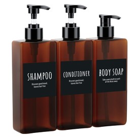 Segbeauty Shampoo Dispenser Bottles, 500 ml Pump Squeeze Dispenser, 16.9 oz Pack of 3 Empty Refillable Pump Bottle with Labels, Plastic Lotion Container, Amber