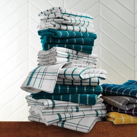 Color Connection Montgomery Ward 20-Piece Kitchen Towel Set - Soft, Absorbent Cotton Towels, Bright Check & Plaids, Deep Teal