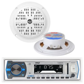 Pyle PLMRB29W Marine Boat MP3 USB SD AUX Radio Receiver 4" Round Speakers White