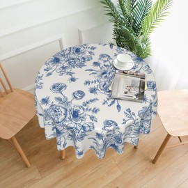 Sorktse Blue Floral Tablecloth Round 70 x 70 Inch Chinoiserie Flowers Table Cloth Polyester Fabric Vintage Spring Summer Farmhouse Table Cover for Kitchen Party Dining Picnic Outdoor Decor