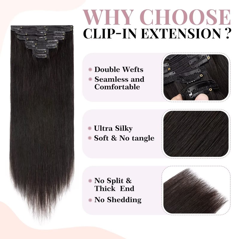 TESS Clip-In Real Hair Extensions, Black, 55 cm, Remy Hair,