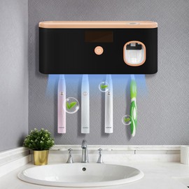 Toothbrush Sterilization Holder for Bathrooms,LXIANGN USB Rechargeable Toothbrush Holder Wall Mounted Toothbrush Sterilization Automatic Toothpaste Dispenser with 5 Slot (Black+Gold)
