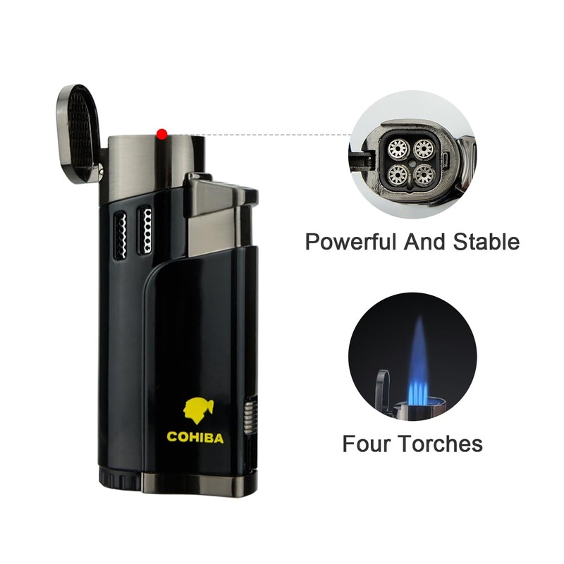 Torch Lighter with Punch 4 Jet Refillbale Lighters Windproof (Black