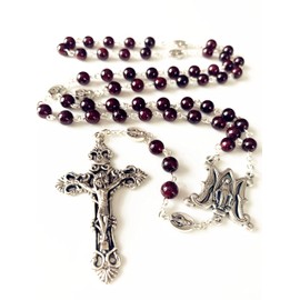 elegantmedical HANDMADE GARNET GEMSTONE BEADS Our Lady Of Virgin Mary Catholic Rosary Necklace Cross Box