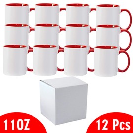 Case of 12 11 oz. RED Inner & Handle- Ceramic Sublimation Mugs - Professional Grade - Sublimation Series - With Individual White Gift Boxes