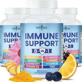 NEW AGE 8 in 1 Immune Support Booster Supplement with Echinacea, Vitamin C and Zinc 50mg, Vitamin D 5000 IU, Turmeric Curcumin & Ginger, B6, Elderberry Dietary Healthcare - Size: 3 Bottles